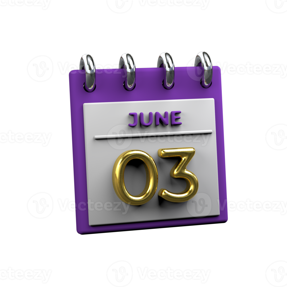 Monthly Calendar 03 June 3D Rendering png