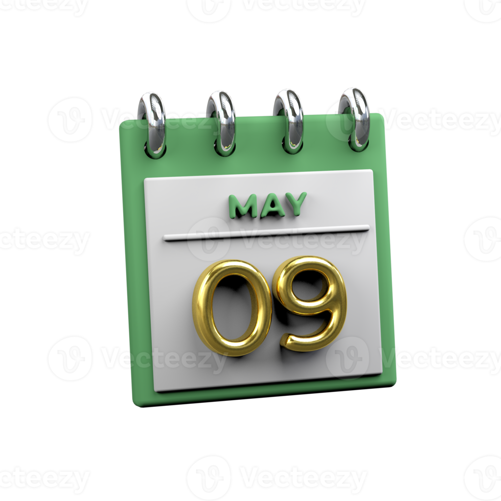 Monthly Calendar 09 May 3D Rendering png