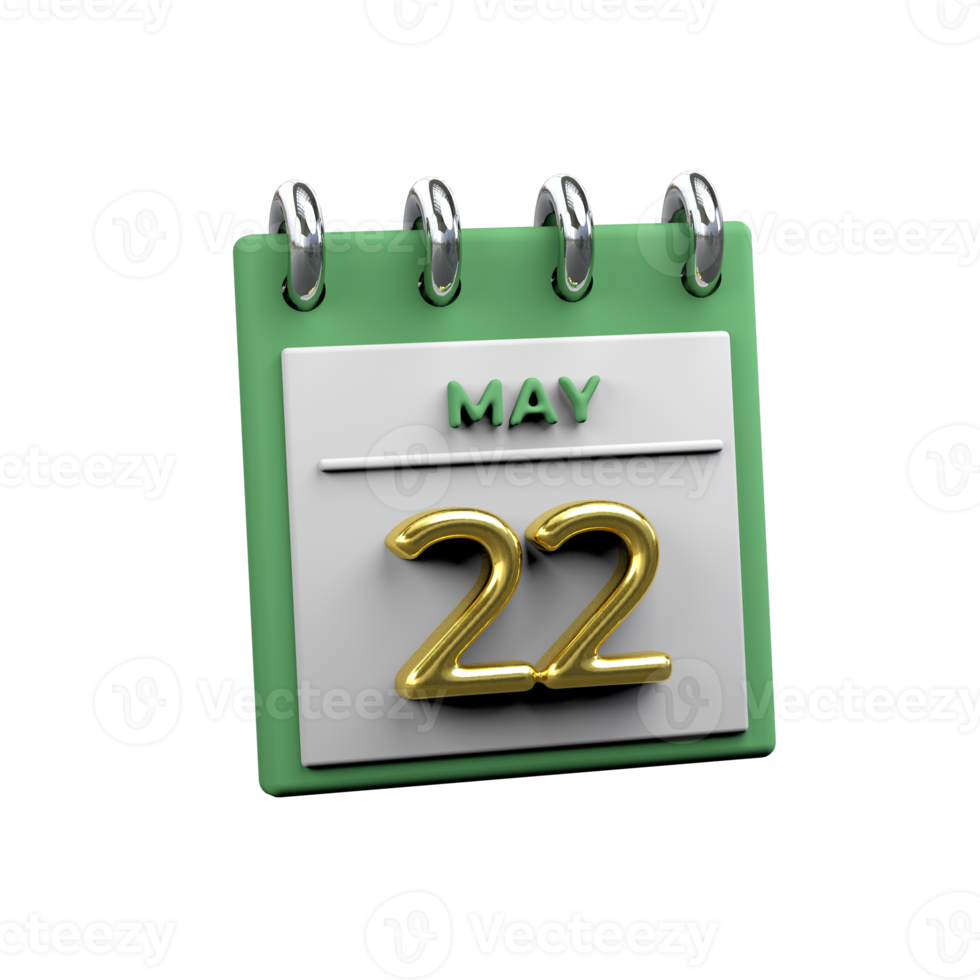 Monthly Calendar 22 May 3D Rendering png