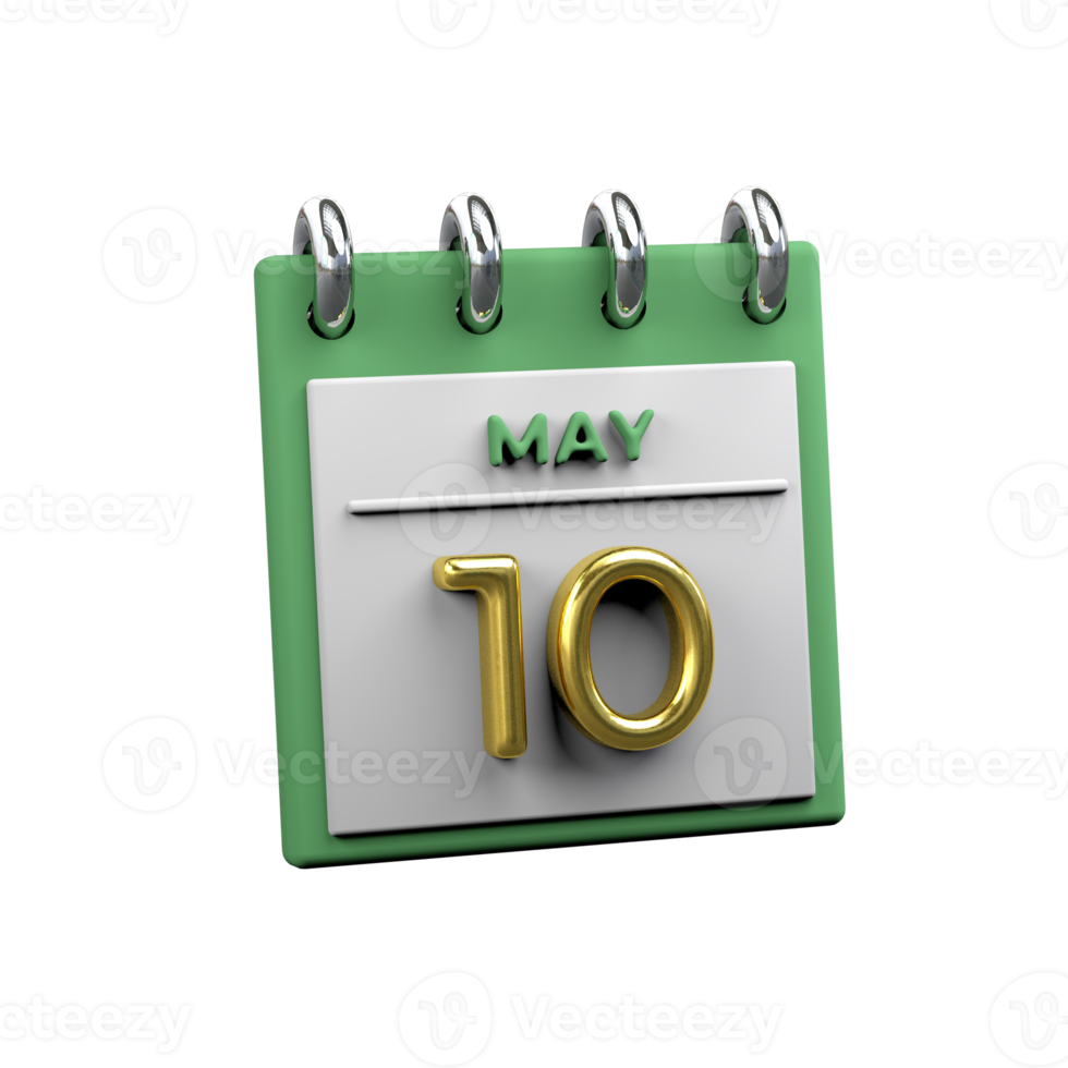 Monthly Calendar 10 May 3D Rendering png