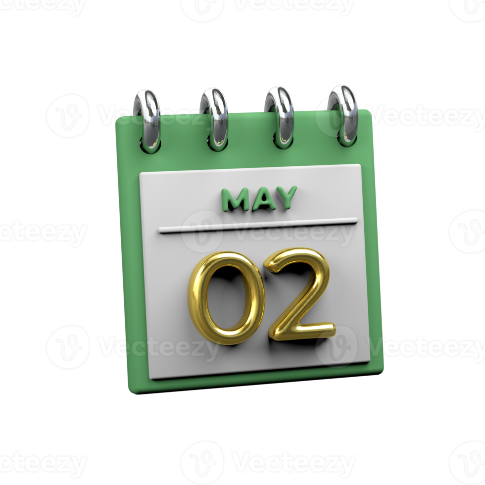 Monthly Calendar 02 May 3D Rendering png