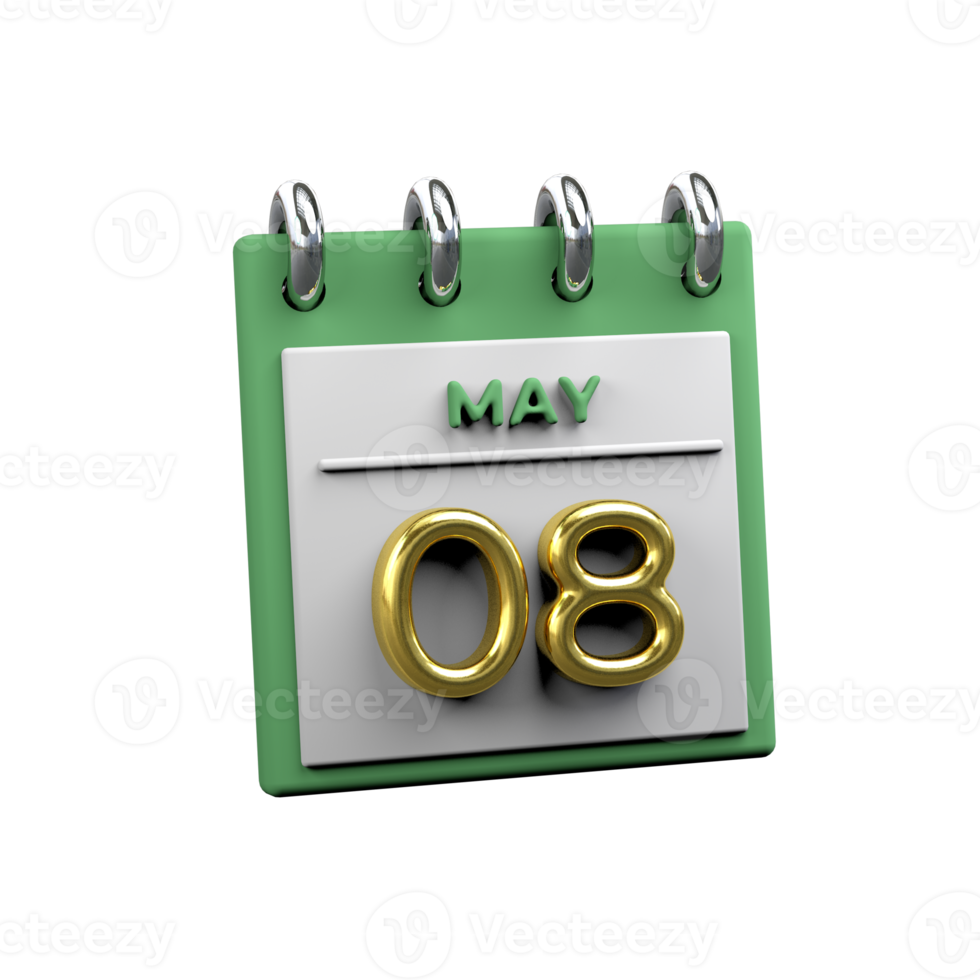 Monthly Calendar 08 May 3D Rendering png