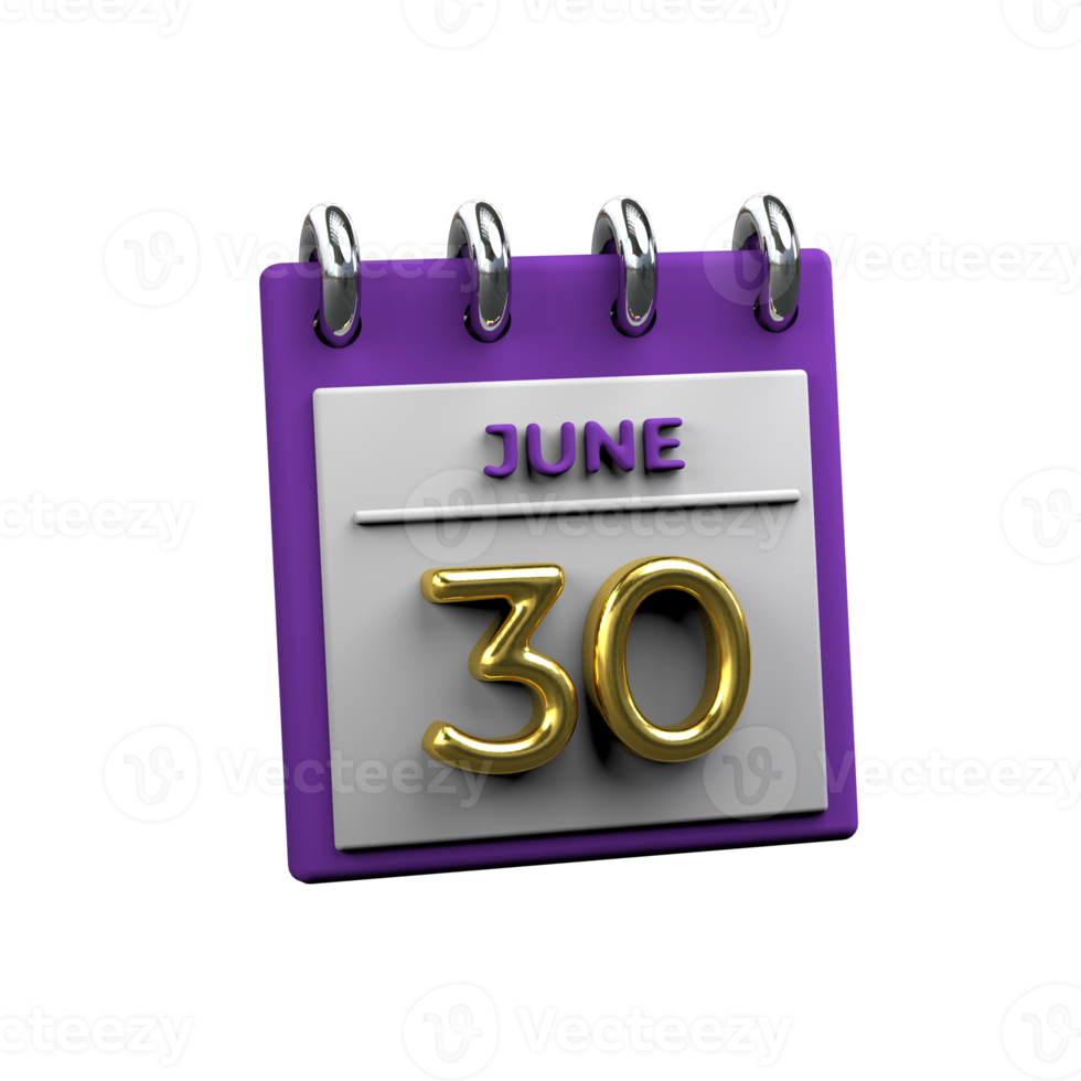 Monthly Calendar 30 June 3D Rendering png