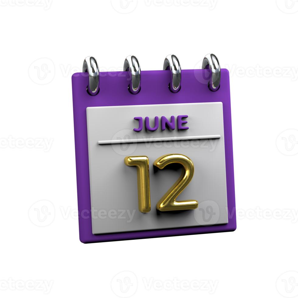 Monthly Calendar 12 June 3D Rendering png