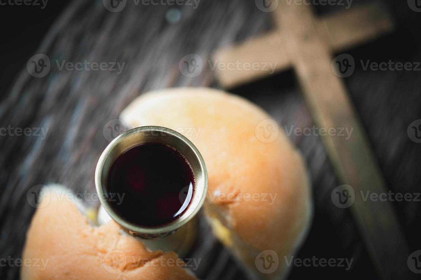 Concept of Eucharist or holy communion of Christianity. Eucharist is sacrament instituted by Jesus. during last supper with disciples. Bread and wine is body and blood of Jesus Christ of Christians. photo