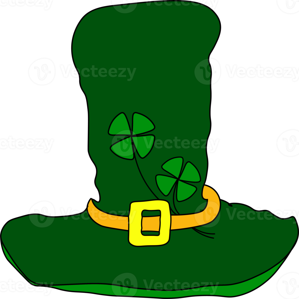 Leprechaun hat St. Patrick's Day. symbol for good luck. green top hat with yellow buckle and clover leaves.Happy st patrick's day png