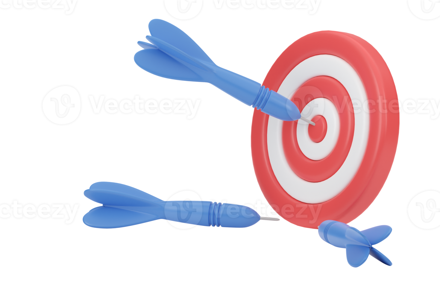 3d rendering Blue darts hitting the success target. Arrow hit the center of target. Business goal and achievement concept. Business target achievement concept. 3d render png