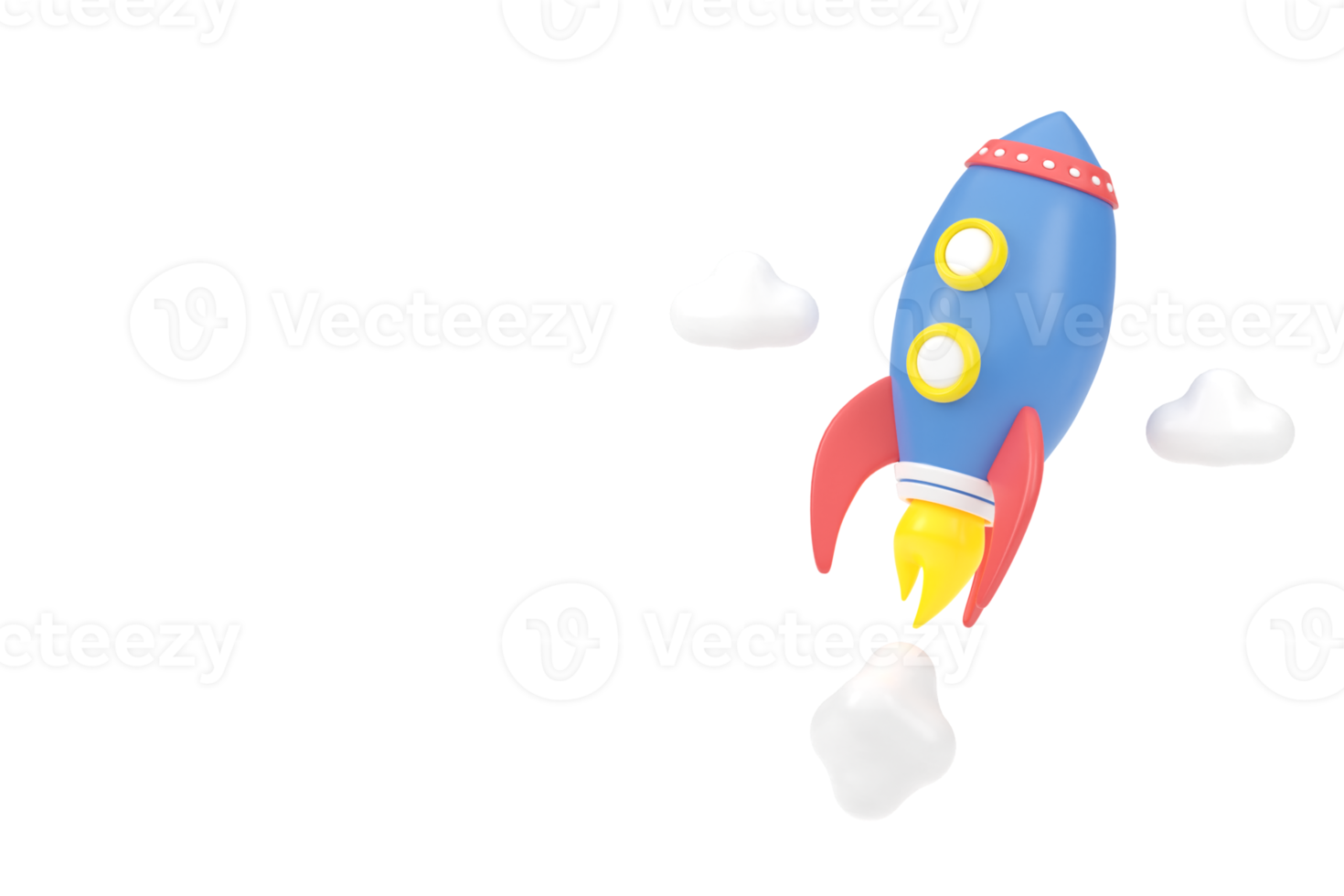 3d rendre en volant espace fusée. et des nuages. lancement affaires produit sur marché. vaisseau spatial et copie espace pour texte. affaires Commencez concept. 3d le rendu. png