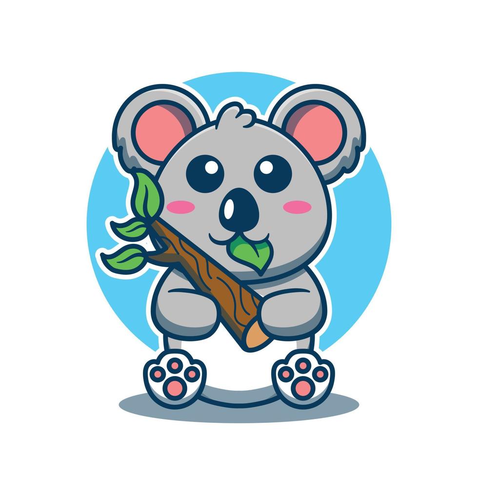 Cute koala mascot holding branches and leaves in his mouth.Beautiful Australian Animals Cartoon Character Vector Illustration.