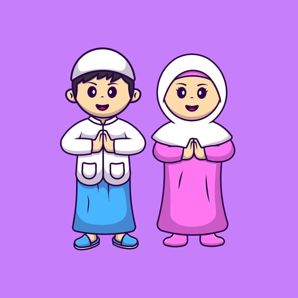 Cute Girl And Boy Moslem Celebrating Eid Mubarak Cartoon Vector Icons Illustration. Flat Cartoon Concept. Suitable for any creative project.
