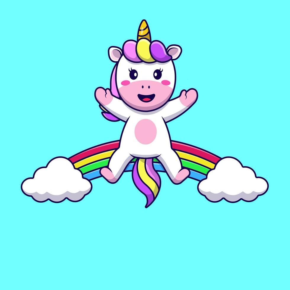 Cute Unicorn Sitting On Rainbow Cloud Cartoon Vector Icons Illustration. Flat Cartoon Concept. Suitable for any creative project.
