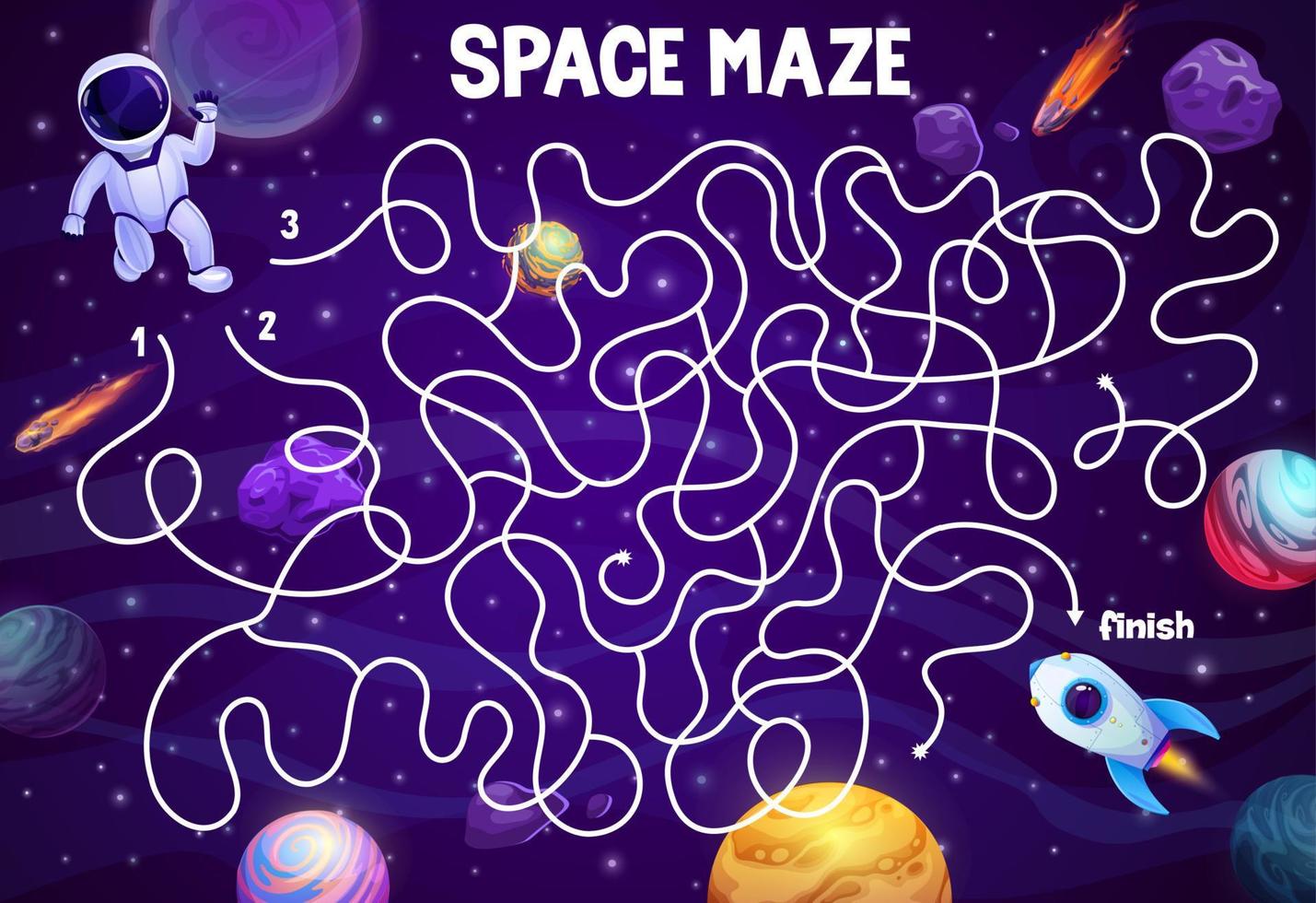 Space labyrinth maze help to astronaut find rocket vector