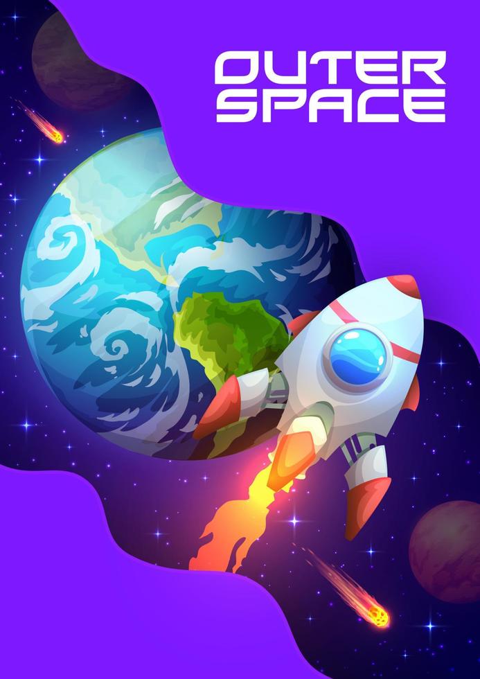 Space poster with rocket launch and earth planet vector