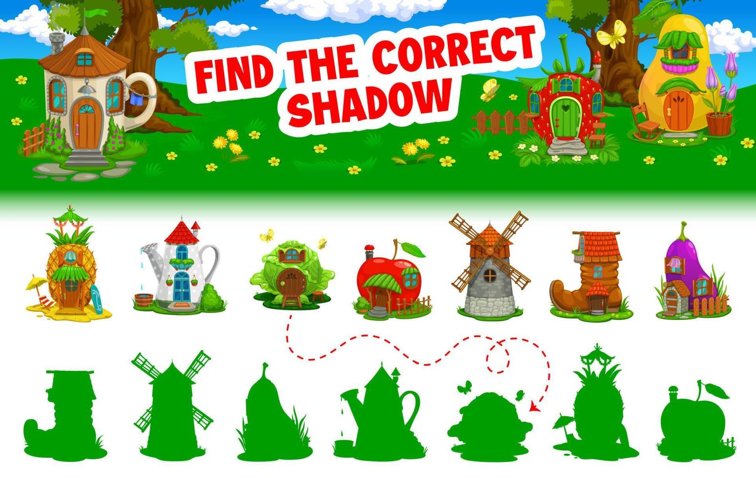 Find correct shadow of cartoon fairytale houses vector