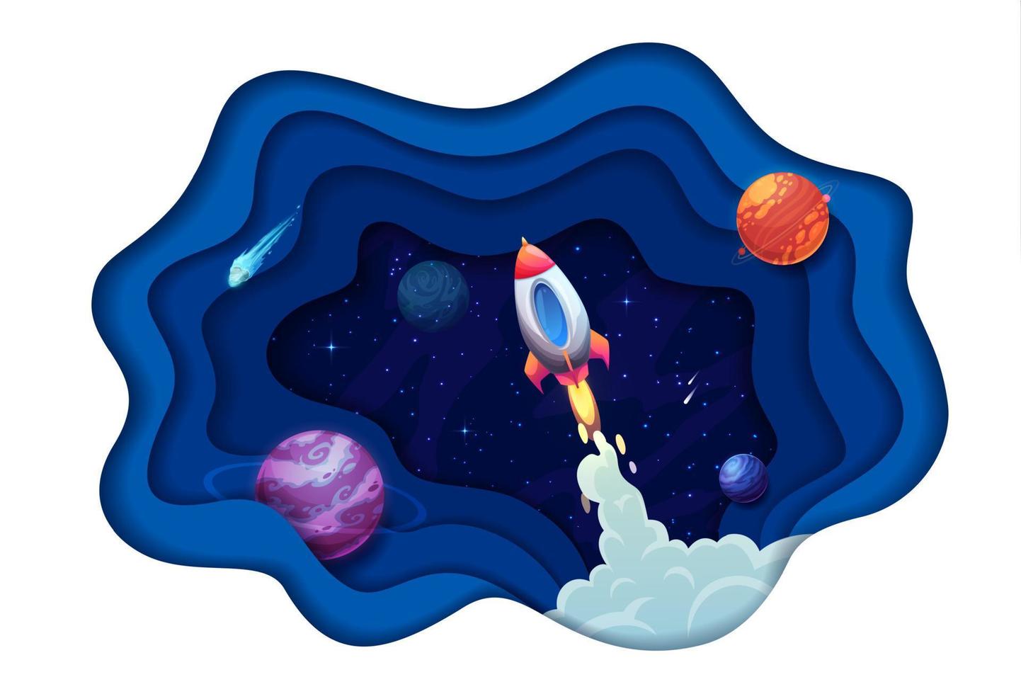 Space paper cut galaxy planets and rocket launch vector