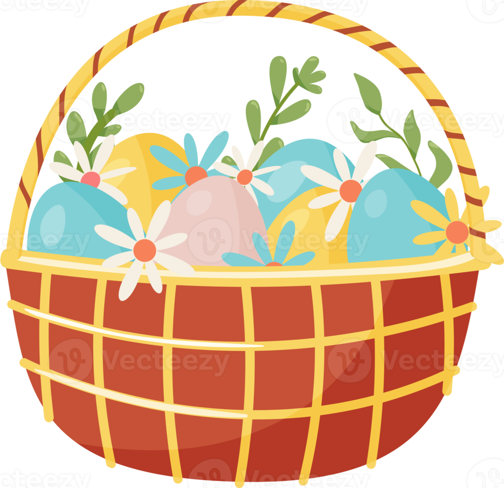 Basket with Eggs, Carrots and Flowers. PNG