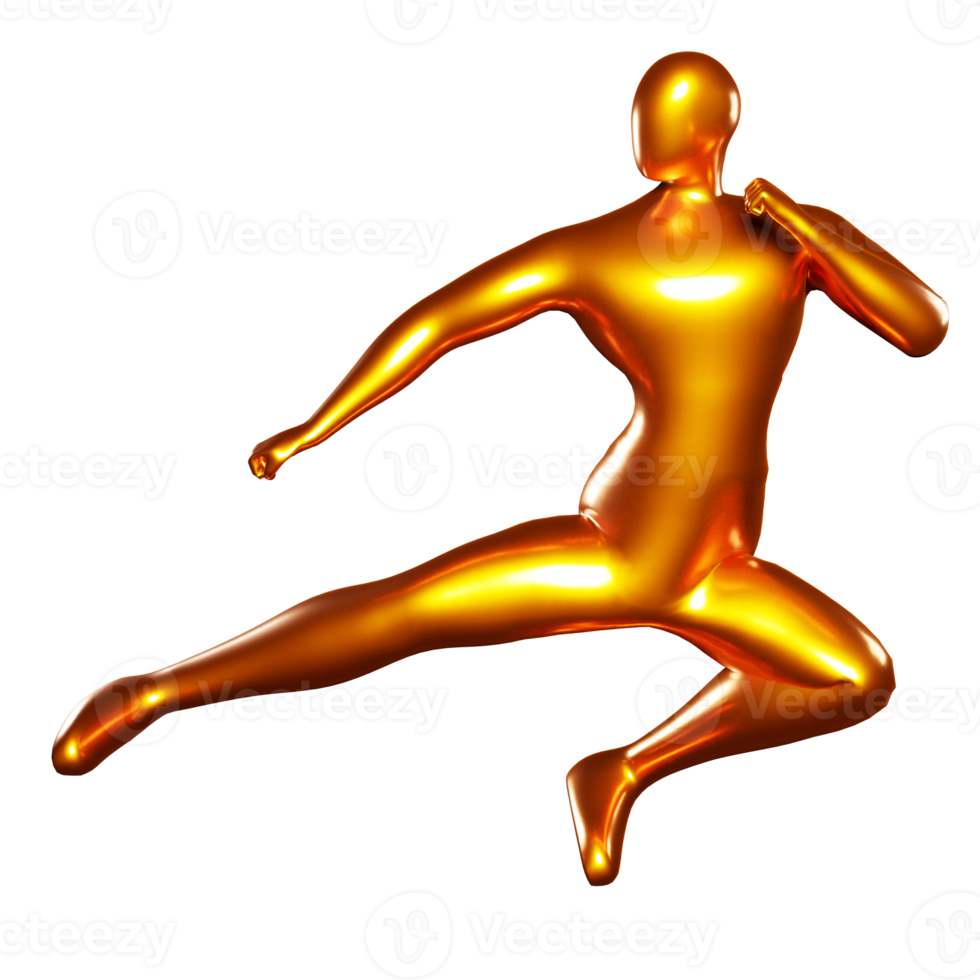 3d render bronze stickman - karatê chutando pose, executa vôo chutes png