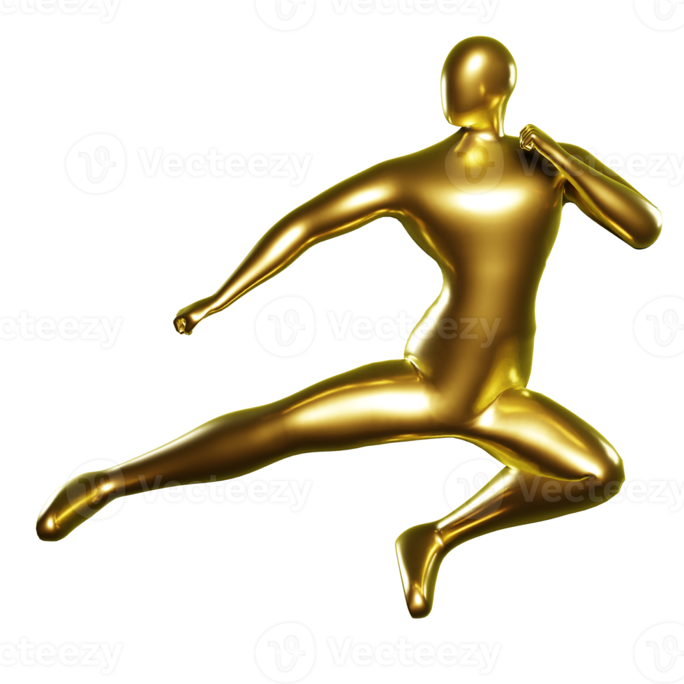 3d Render Gold Stickman - Karate Kicking Pose, performs flying kicks png