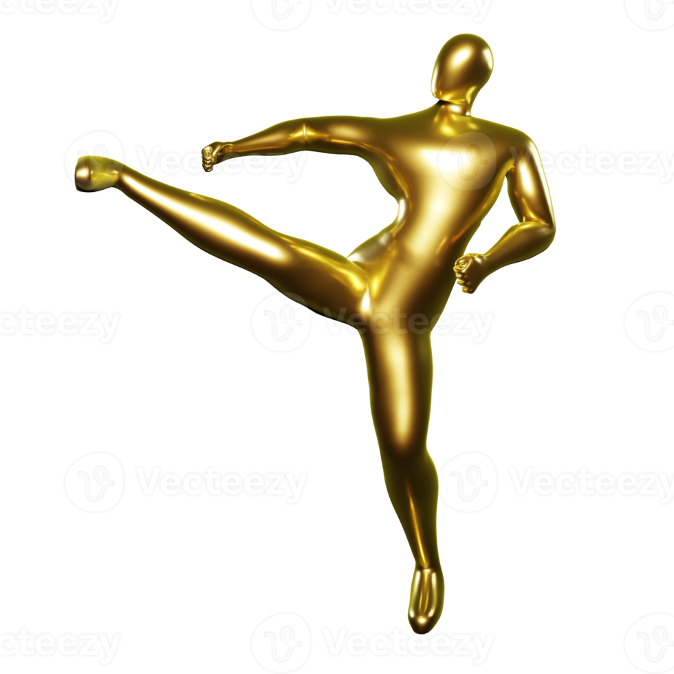 3d machen Gold Stickman - - Karate Pose, ausführen ein treten Position im das Mitte von das Körper png