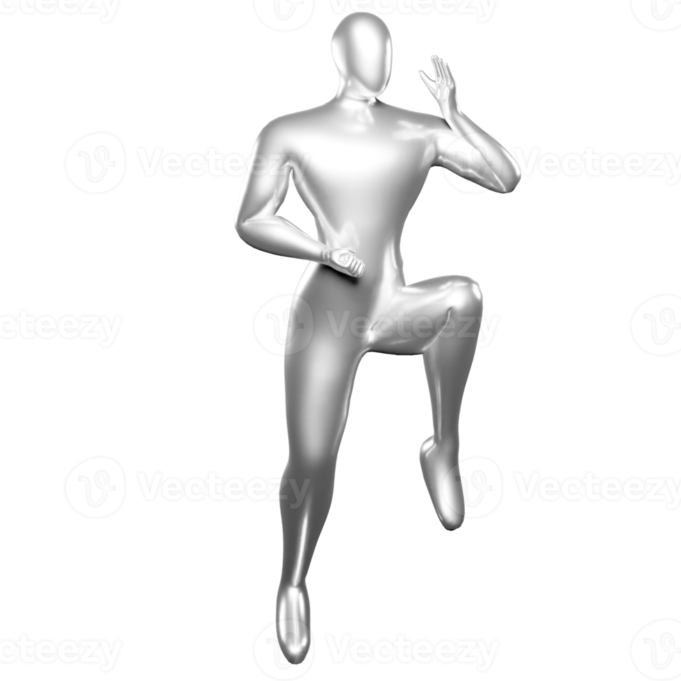 3d Render Silver Stickman - Karate Pose, doing a Standing Position with One Leg Raised png