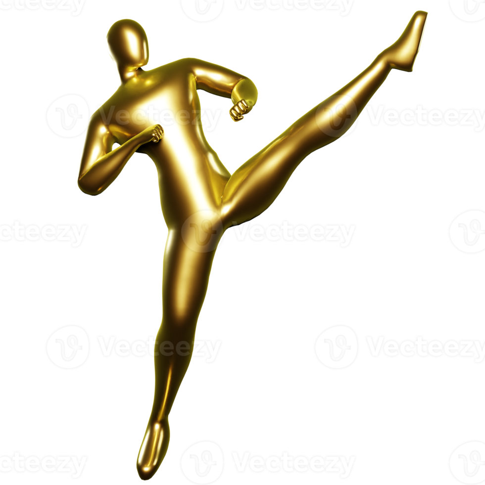 3d Render Gold Stickman - Karate Kicking Pose with Legs at Head Height png