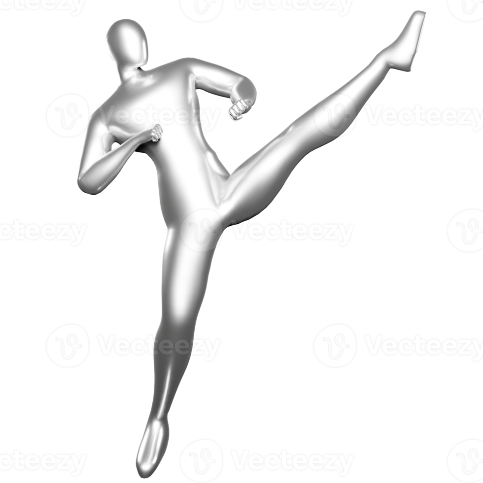 3d Render Silver Stickman - Karate Kicking Pose with Legs at Head Height png