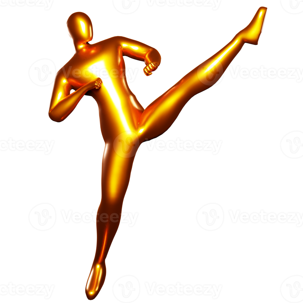 3d Render Bronze Stickman - Karate Kicking Pose with Legs at Head Height png