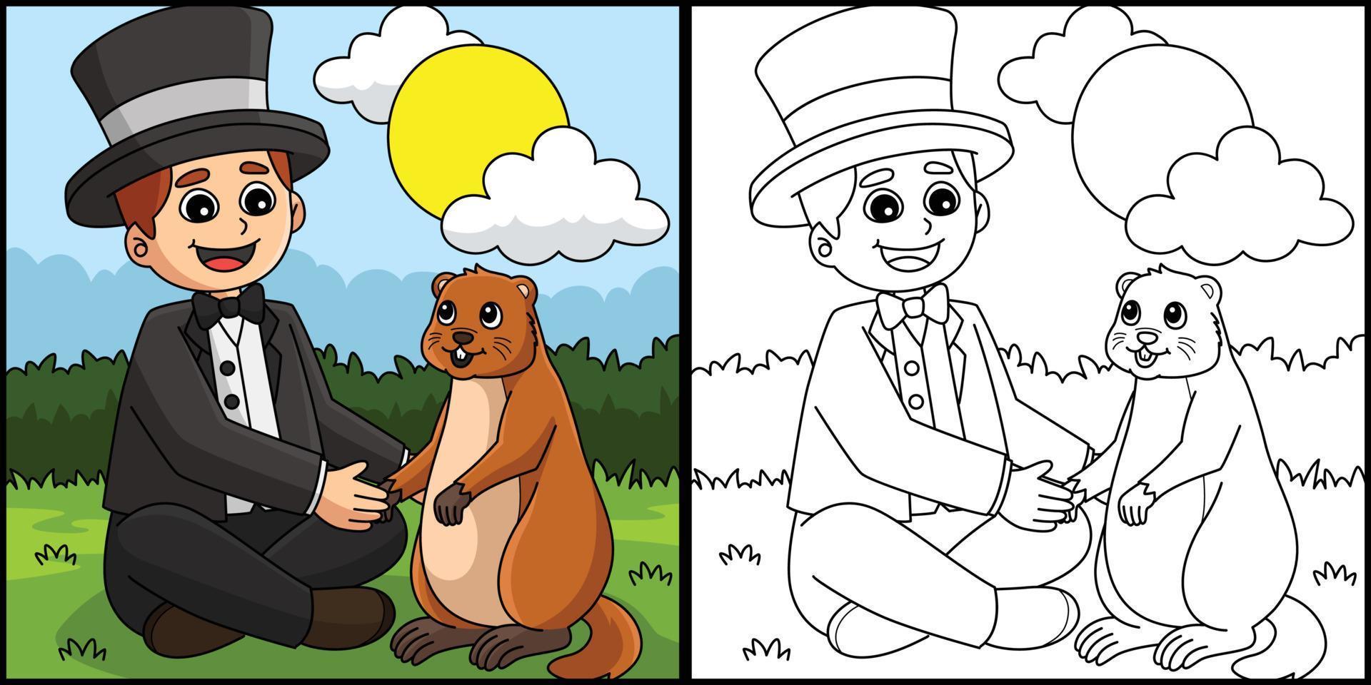 Man Holding Groundhog Coloring Page Illustration vector