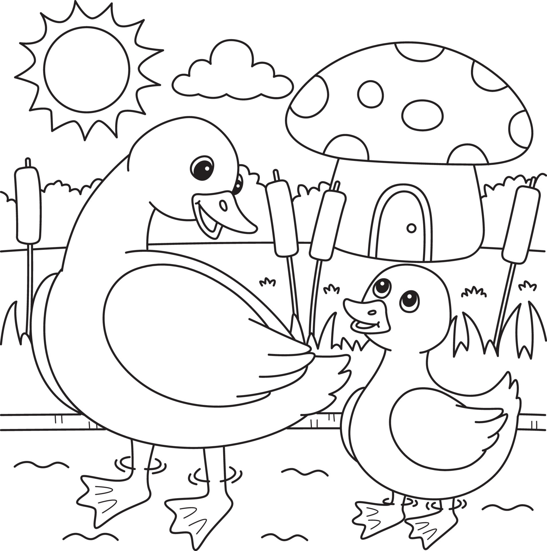 Spring Mother Duck and Duckling Coloring Page 19943208 Vector Art at