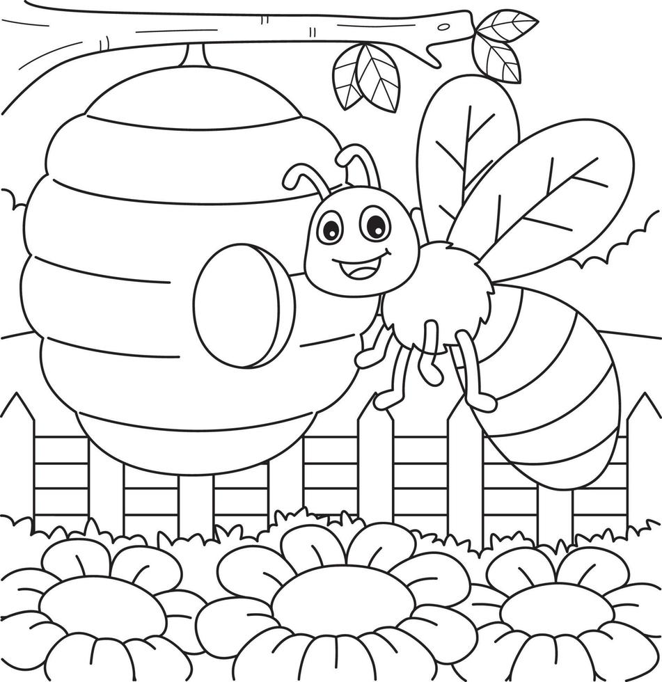 primavera abeja con un Colmena colorante página para niños vector