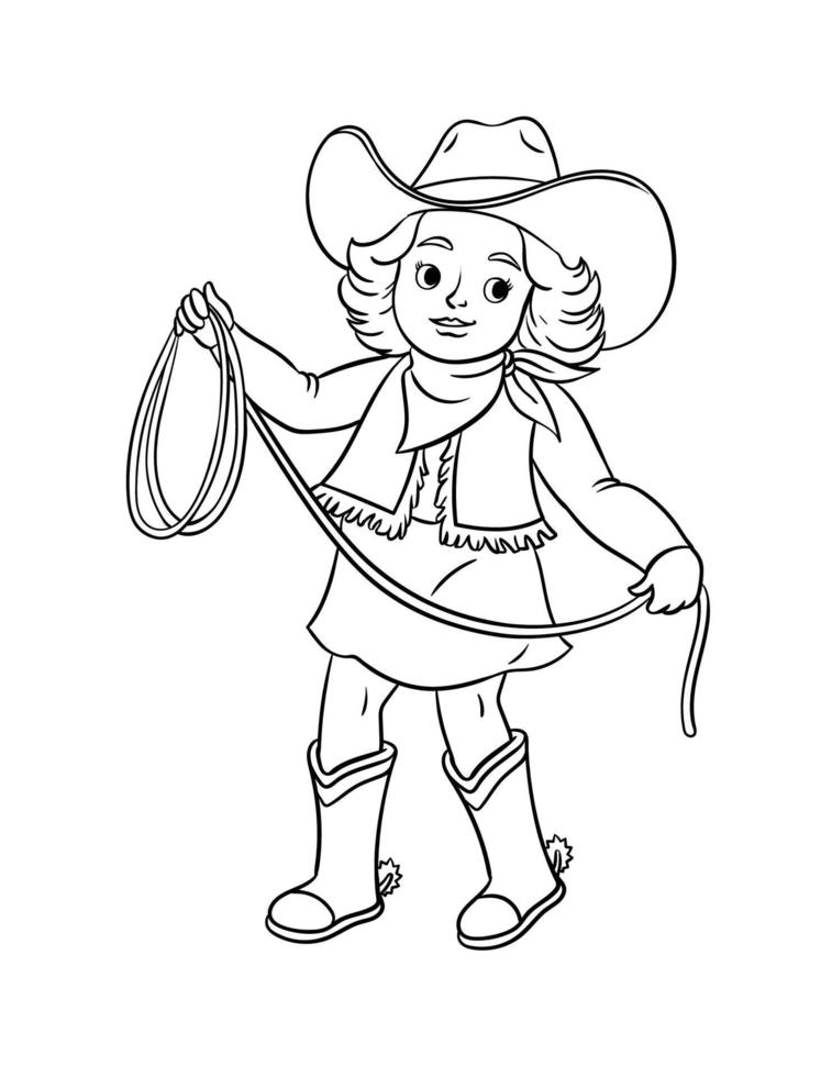 Cowboy Girl with a Rope Isolated Coloring Page vector