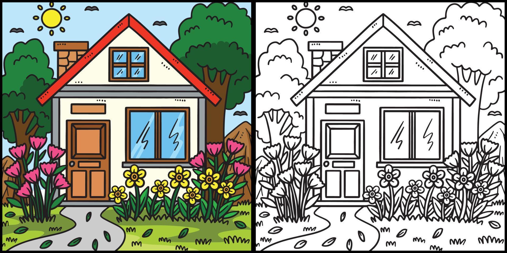 primavera casa con jardín colorante ilustración vector