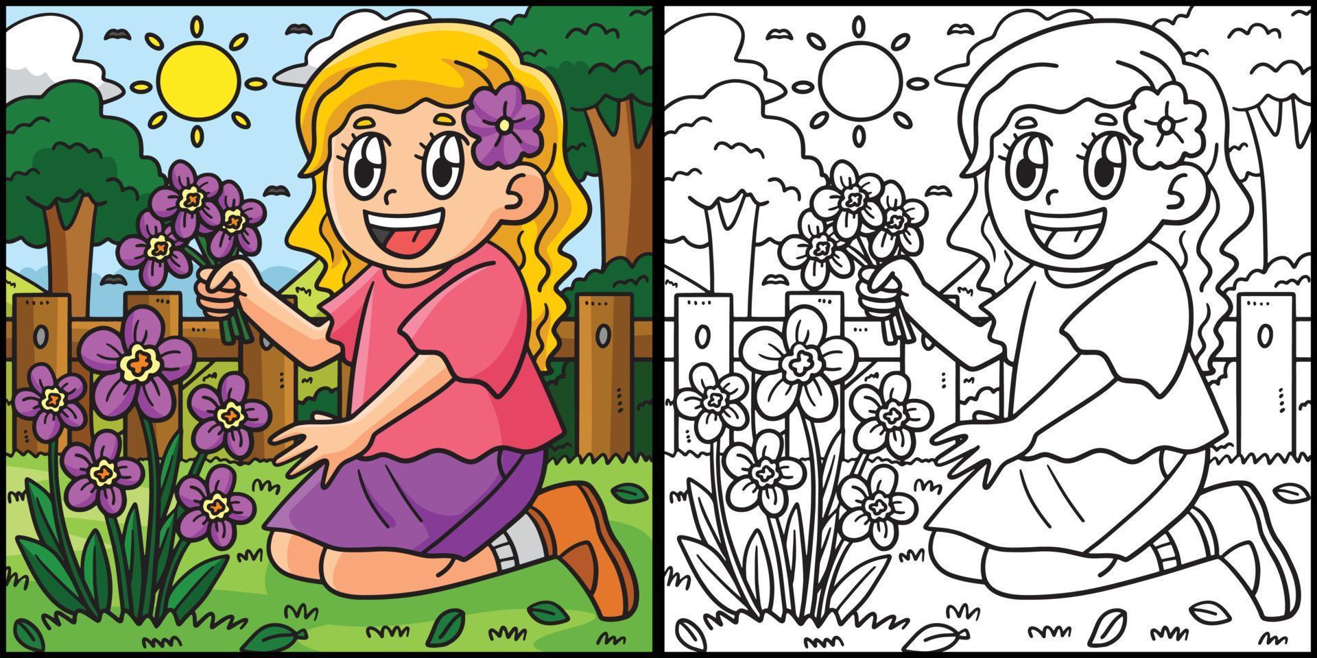 primavera niña cosecha flores colorante ilustración vector