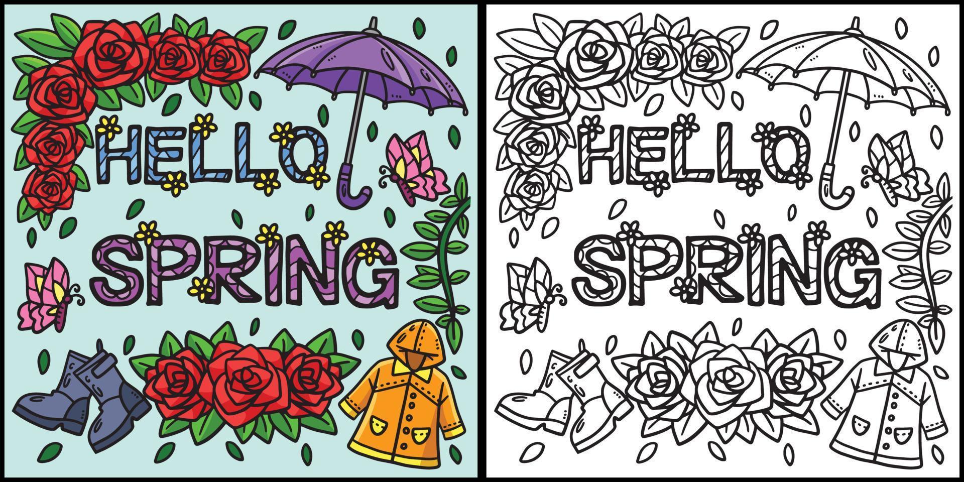 Hello Spring Coloring Page Colored Illustration vector