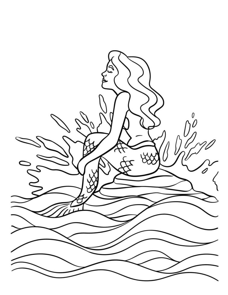Mermaid Sitting on the Rock Isolated Coloring Page vector