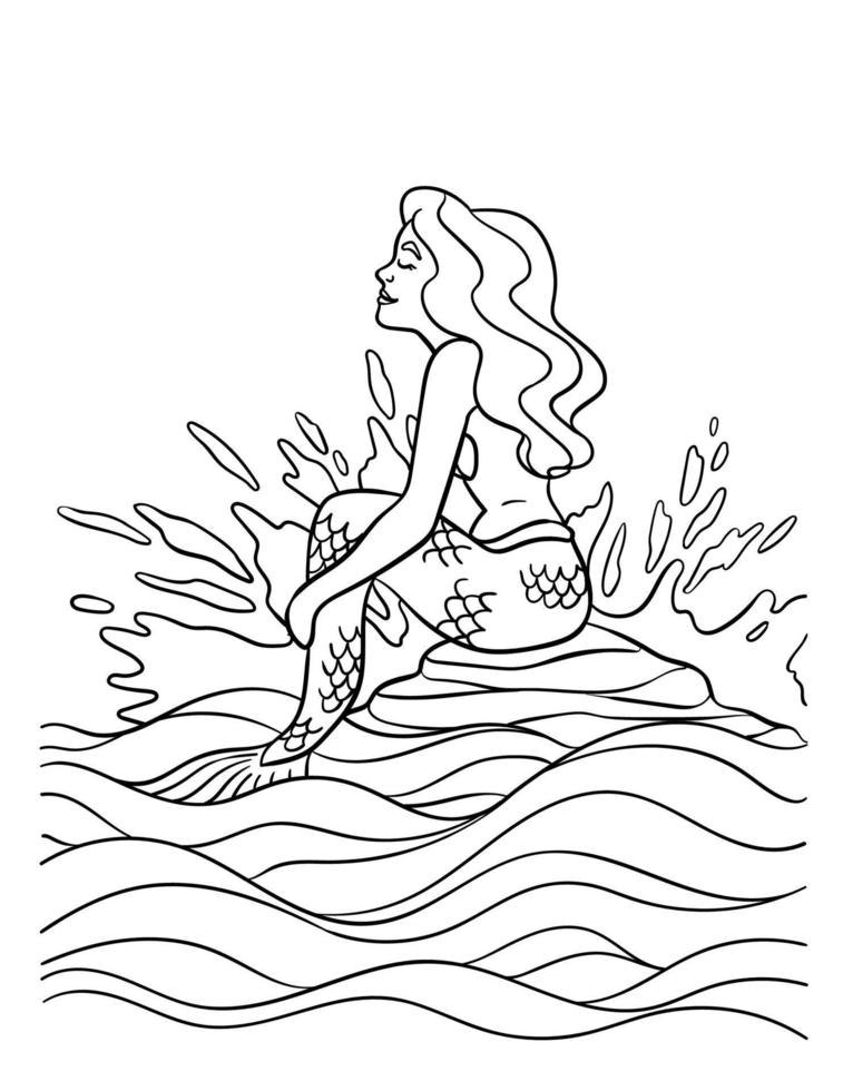 Mermaid Sitting on the Rock Isolated Coloring Page vector