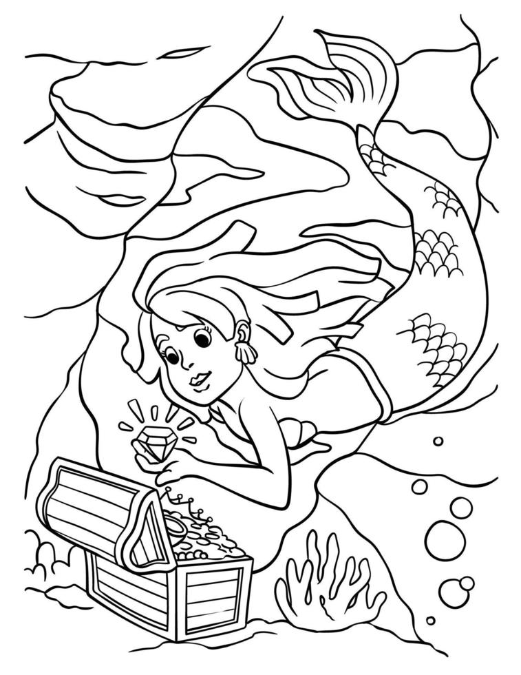 Mermaid with Treasure Box Coloring Page for Kids vector