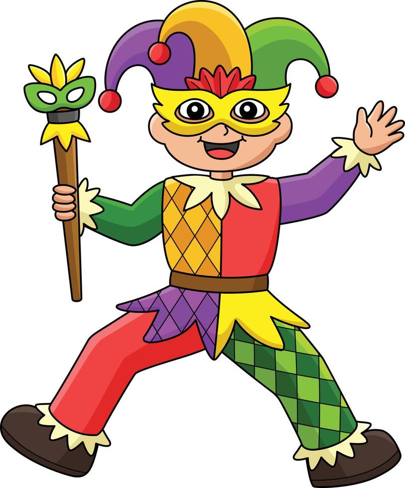 mardi gras bufón chico con batuta dibujos animados clipart vector