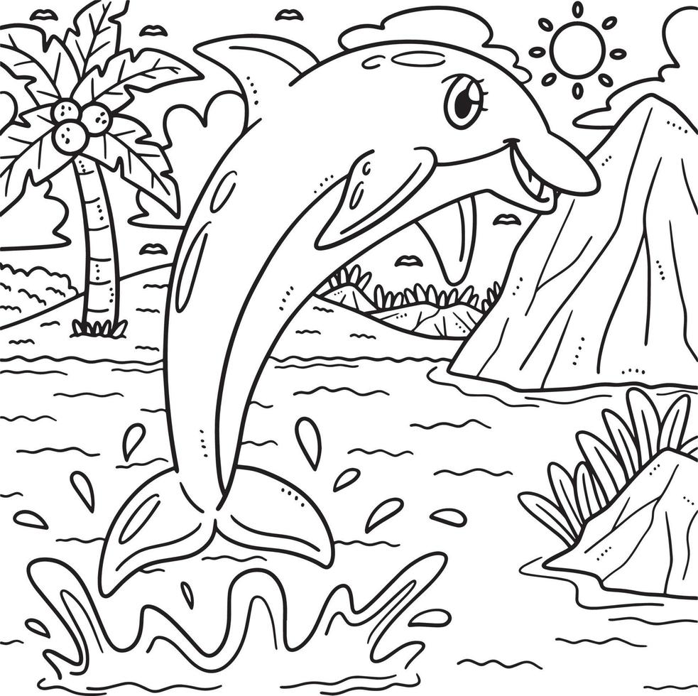 Summer Dolphin Jumping Out of Water Coloring Page vector