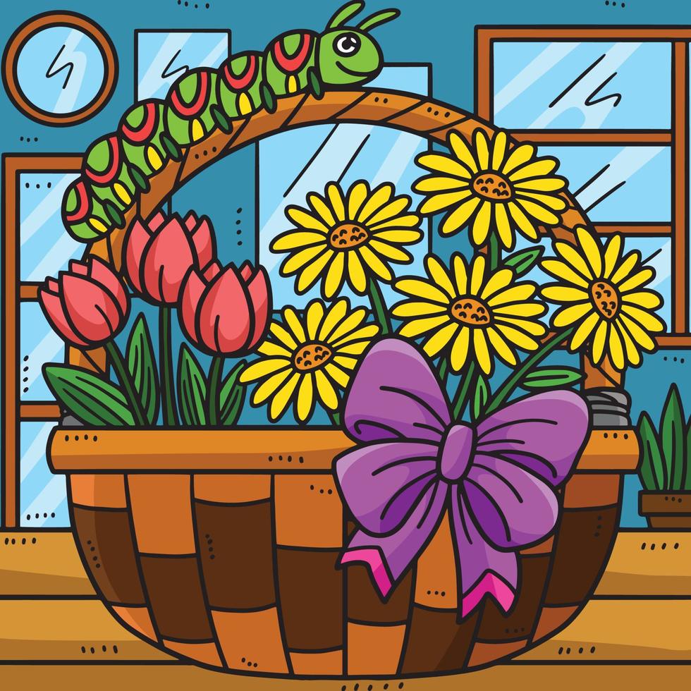 Spring Caterpillar On A Basket Flower Colored vector