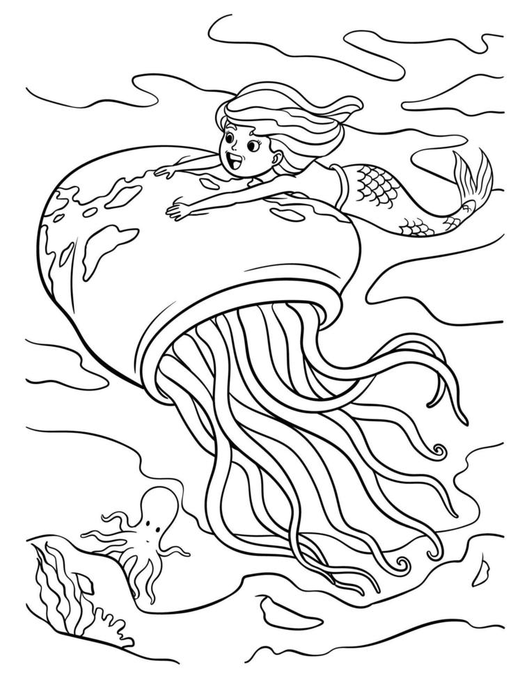 Mermaid Riding in a Giant Jellyfish Coloring Page vector