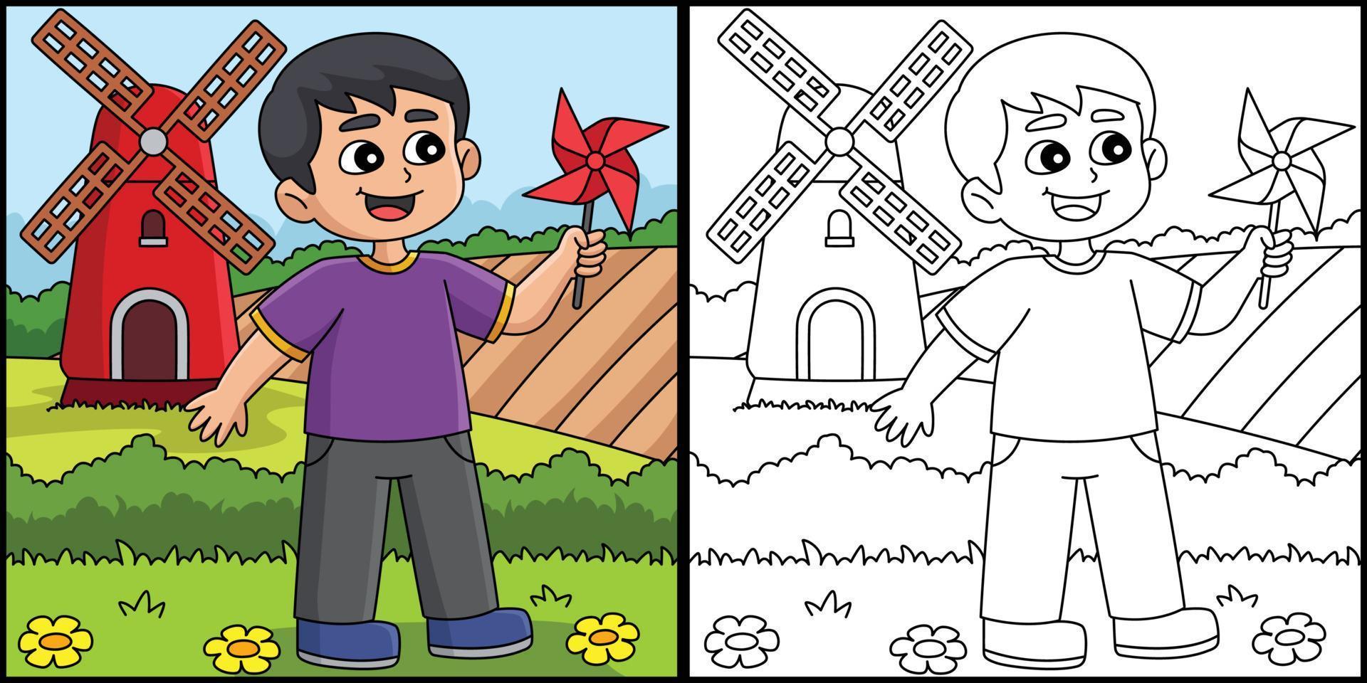 Spring Boy Holding a Pinwheel Illustration vector