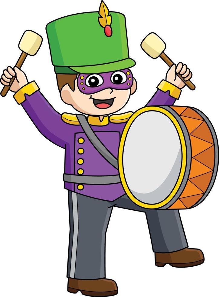 Mardi Gras Boy Playing Drums Cartoon Clipart vector