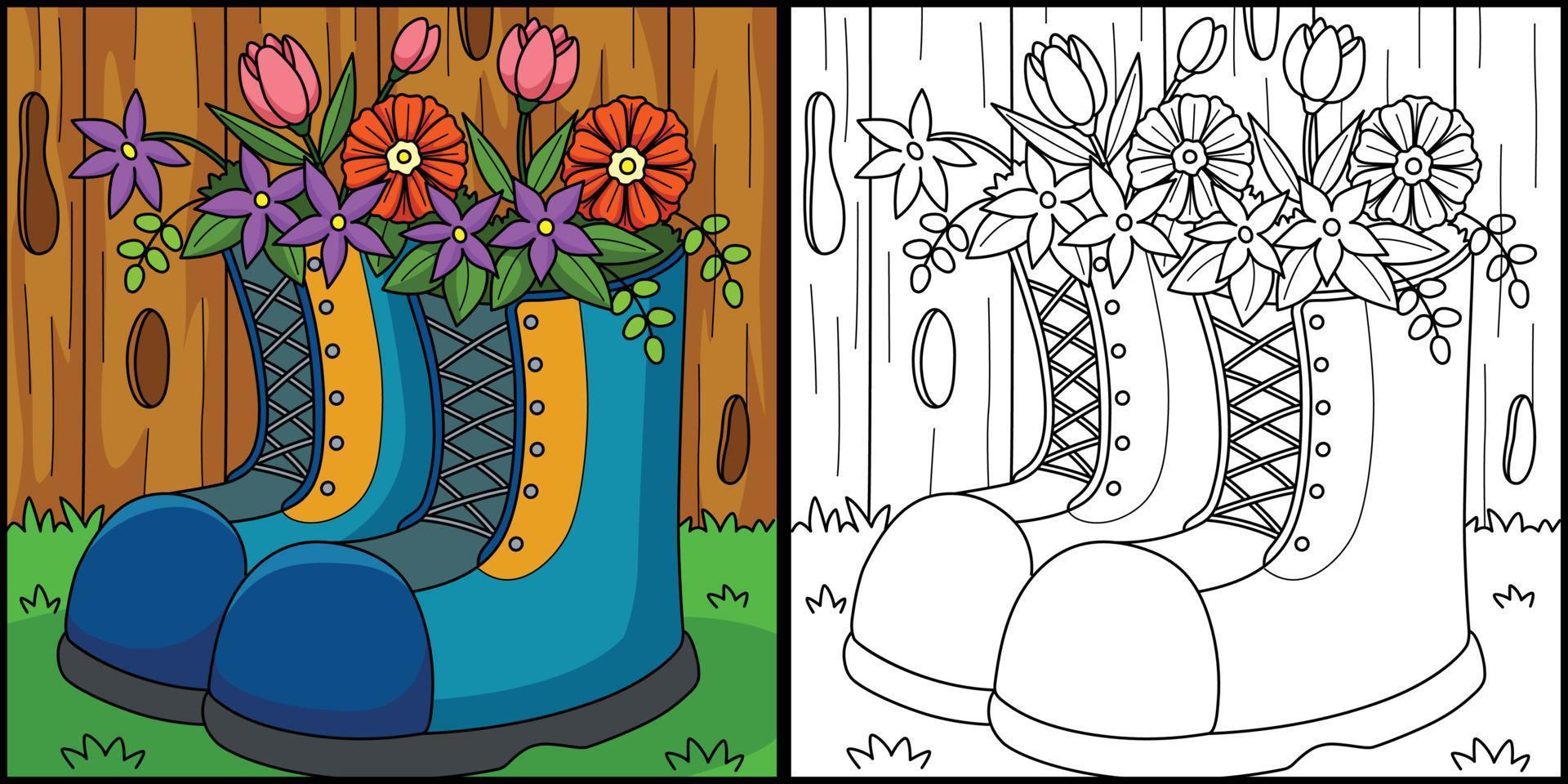 primavera botas con flores colorante ilustración vector