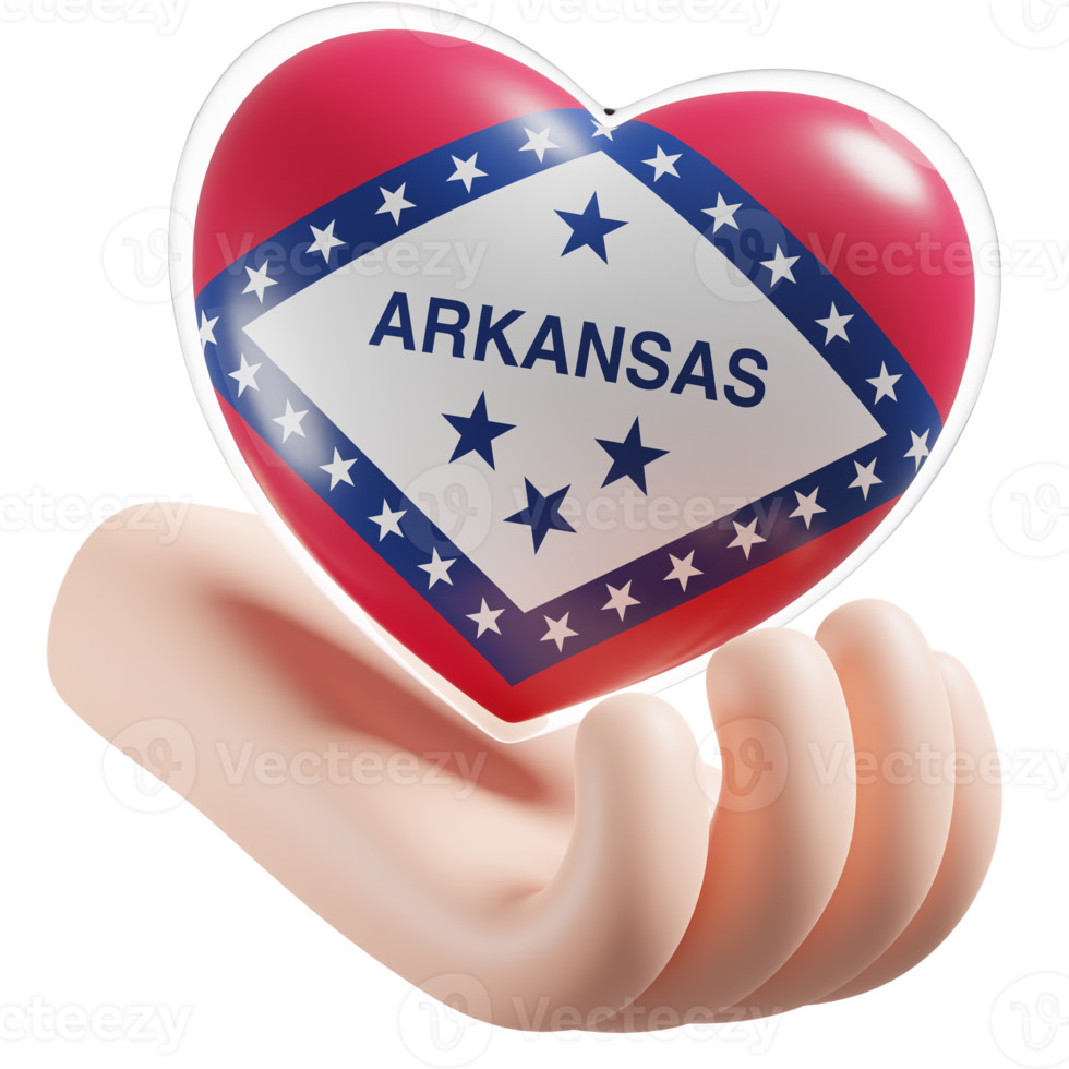 Arkansas vlag met hart hand- zorg realistisch 3d getextureerde png