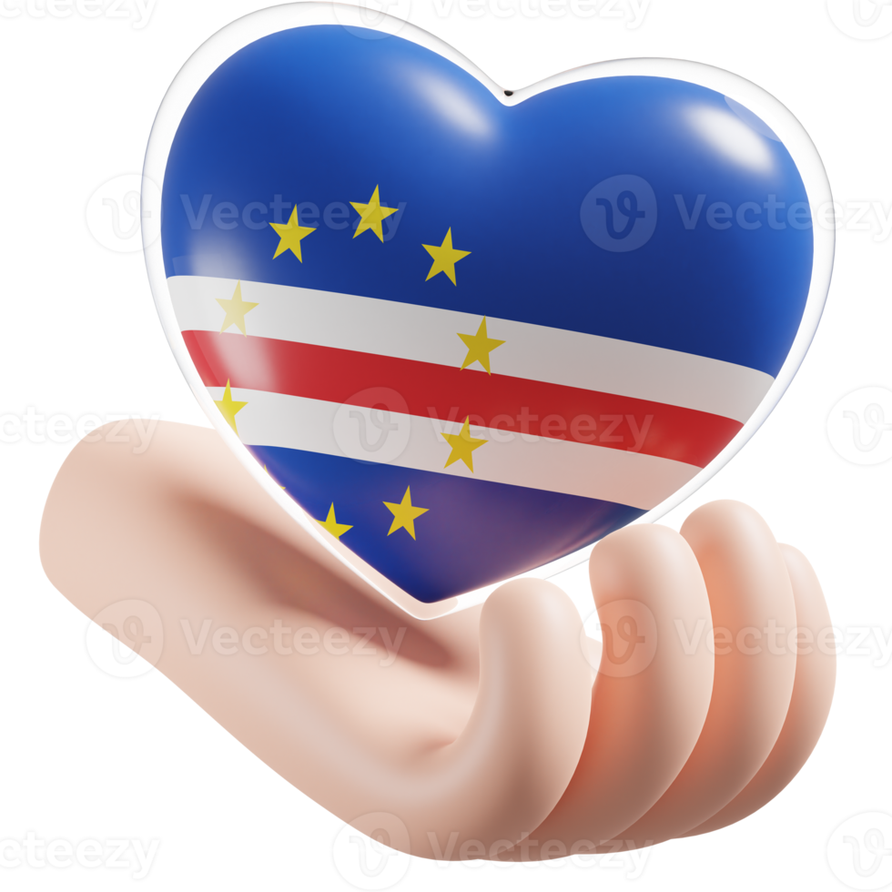 Cape Verde flag with heart hand care realistic 3d textured png