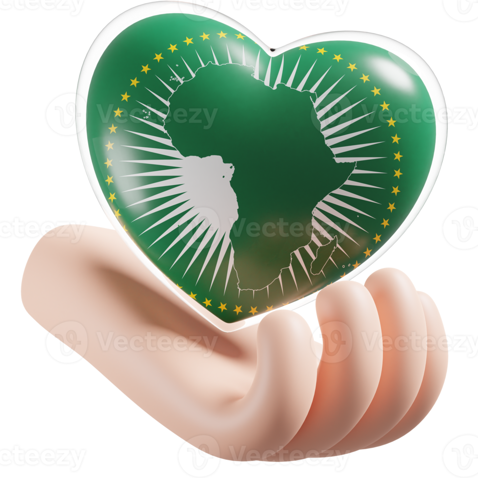 African Union flag with heart hand care realistic 3d textured png