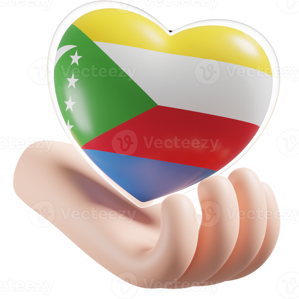 Comoros flag with heart hand care realistic 3d textured png