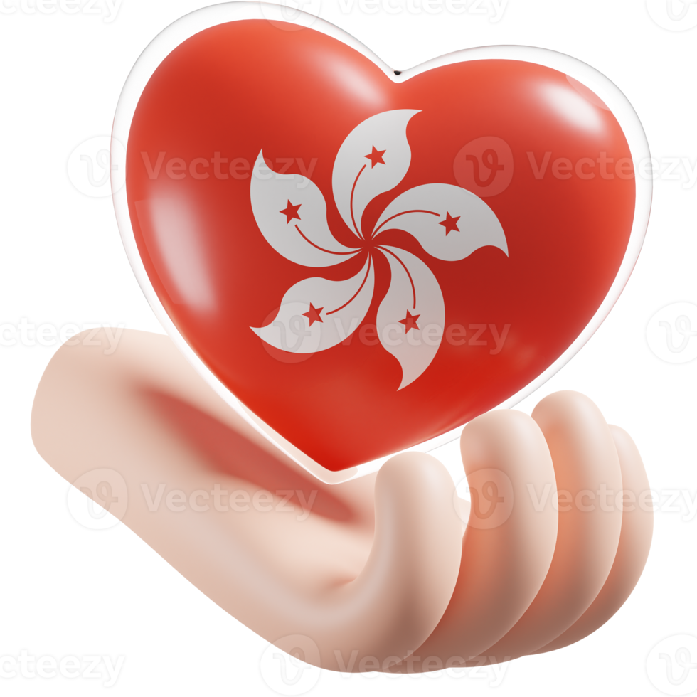 Hong Kong flag with heart hand care realistic 3d textured png