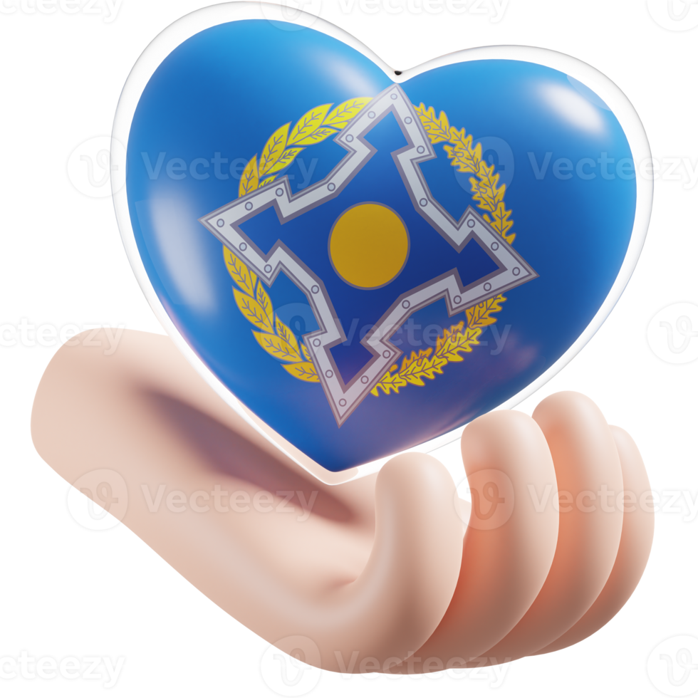 Collective Security Treaty Organization flag with heart hand care realistic 3d textured png